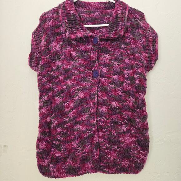Vintage Hand Knit Collared 2-Button Vest in Pink Rose Gray Space-Dye Pattern - Picture 2 of 7